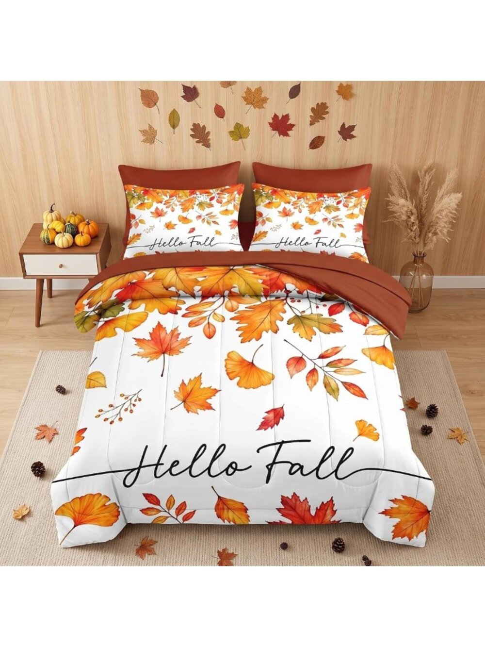 7-Piece King Fall Comforter Set with Sheets - Leaf Print Bedding for Cozy Style